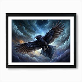 Black Raven Flying In The Night Sky Art Print