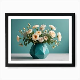 A Bouquet Of White Flowers Arranged In A Blue, Geometric Vase Art Print