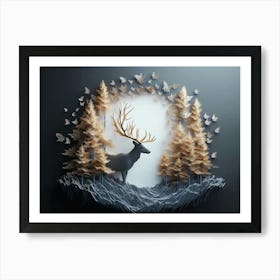 3d Modern Stereo Stag Deer Animal With Forest 1 Poster