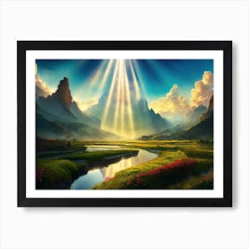 Mountain Valley Sun Rays Art Print