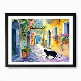 Amalfi, Italy   Black Cat In Street Art Watercolour Painting 4 Art Print