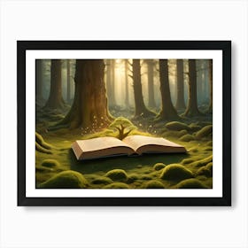 A Magical Scene With A Book Open In A Mossy Forest, A Small Tree Sprouting From The Pages, Surrounded By Glowing Particles Art Print