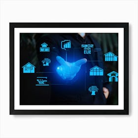 Artificial Intelligence Concept Visualized As A Hand Holding A Glowing Blue Diagram Of A Smart Home (4) Art Print