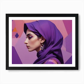 A Woman Wearing A Purple Hijab And Earrings Stands Against A Geometric Background Of Pink And Purple Hues Art Print