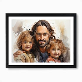 Jesus with little children - watercolor painting. 4 Art Print