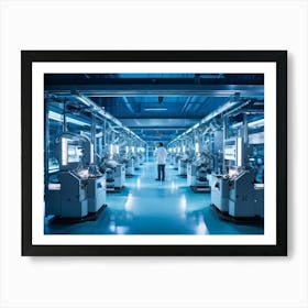 Ai Enhanced Factory Interior Illuminated By Soft Blue Light Robotic Arms Intricately Assembling Com Art Print