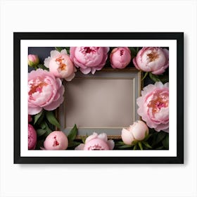 A Vintage Frame Surrounded By Pink Peonies On A Dark Background Art Print