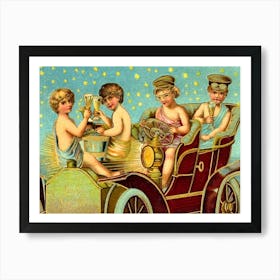 Kids In Old Timer Car, Vintage Holiday Poster Art Print