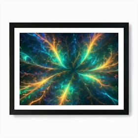 Abstract Image Of Swirling, Glowing Lines In Shades Of Blue, Teal, And Yellow, Resembling A Cosmic Nebula Or A Digital Energy Field Art Print