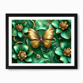 Gold Butterfly On Green Flowers Art Print