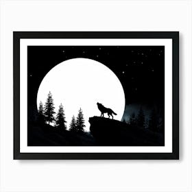 Illustration Of A Lone Wolf Howling Under A Full Moon In The Wilderness Of Wyoming Its Silhouette A 2 Art Print