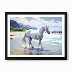 A Horse Oil Painting In Lanikai Beach Hawaii, Usa, Landscape 1 Art Print