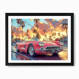 A Pink Convertible Corvette Driving Down The Street Of Hollywood, With Pastel Colors Poster