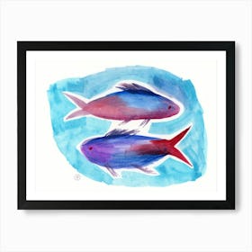 Fishes - watercolor painting hand painted blue red teal fish kitchen living room illustration Art Print