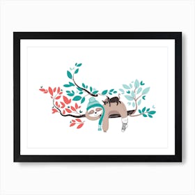 Hygge sloth // winter cozy cute animal sleeping in a tree kids room nursery with cat Art Print