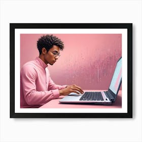 A Man With Curly Hair And Glasses Is Typing On A Laptop, With A Colorful, Digital Abstract Design In The Background Art Print