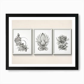 Set Of 3 Black And White Floral Prints Art Print