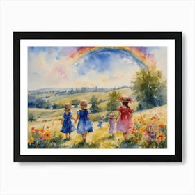 Watercolor Rainbow Children Play in the Meadow on a Summer's Day - Colorful Watercolour of Girls Playing in Pretty Dresses Carefree Perfect Painting - Happiness Joy Butterflies Flowers, Botanical Mama Gallery Wall Artwork Floral Joyful Beautiful Art Print