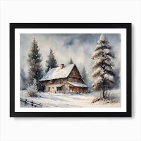 Winter Farmhouse Akvarell 1 Art Print