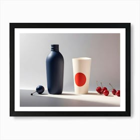 A Minimalist Image Of A Blue Bottle With A Red Circle, A White Cup With A Red Circle, And A Cluster Of Red Cherries, Creating A Simple, Clean And Elegant Still Life Art Print