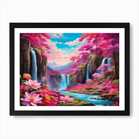 Waterfall In Pink Flowers Art Print