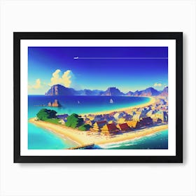 Japan, Okinawa, anime city on the bay — City Pop art, anime landscape poster, retrowave/vaporwave poster, 80s, panoramic poster. Hayao Miyazaki style Art Print
