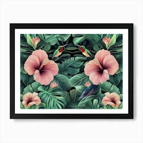 Tropical Background With Exotic Flowers, Birds, Banana Leaves, Palm, Protea, Hibiscus, Hummingbirds 1 Art Print