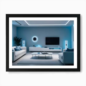 A Modern Living Room With A Blue Accent Wall, White Furniture, And A Large Tv Art Print