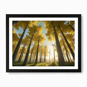 Wind Turbines Stand Tall Among Towering Trees With Bright Yellow Leaves Art Print