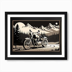Motorcycle In The Mountains, vintage bike, classic bike, vector art, 1 Art Print