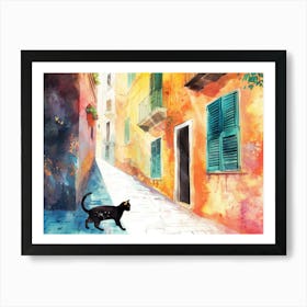 Black Cat In Salerno, Italy, Street Art Watercolour Painting 1 Art Print