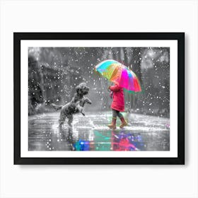 Girl With Umbrella In Rain - Little Girl In The Rain Art Print