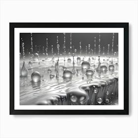 3d Render Of Water Droplets Of Various Sizes Splashing On A Silver, Metallic Surface, Some Forming Perfect Spheres Art Print