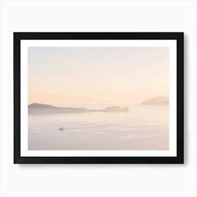 Milos, Greece I Summer pastel aesthetic sunset over the mountains and a boat on Mediterranean sea for a minimalist fine art photography of soft soothing calming nature in pink orange retro tones Art Print