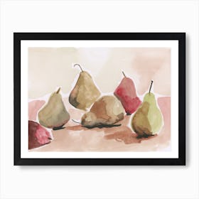Pears Watercolor Painting beige green red food still life kitchen art hand painted Art Print