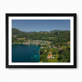 Summer holidays on the lake.  Italy, Piedmont. Lake Orta. Drone photography Art Print