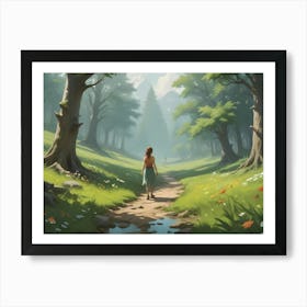 A Woman Walking On A Pathway Through A Vibrant Green Forest Towards A Mountain Peak, Evoking A Sense Of Journey, Exploration, Or Escape Art Print