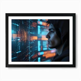 Profile Of A Young Man In A Hoodie Looking Intently At Lines Of Code On A Dark Background Art Print