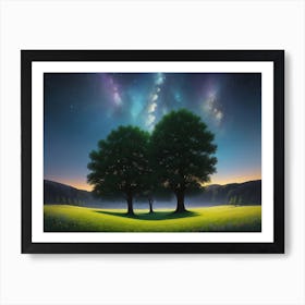 The Breathtaking Expanse Of A Starry Night Sky Above A Grassy Pasture Art Print