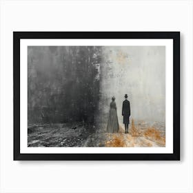 Temporal Resonances: A Conceptual Art Collection. Two People Standing On A Dirt Road Art Print