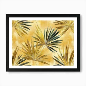 Palm Leaves Illustration In Gold Art Texture Natural Beige Colors 3d Seamless Pattern Abstract Art Print