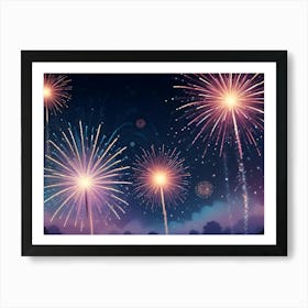 A Digital Illustration Of Fireworks Exploding In A Night Sky, Creating A Colorful And Vibrant Display Art Print