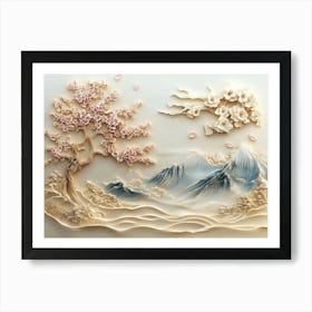 Beautiful Sakura Tree and Mountain 3d 4 Poster