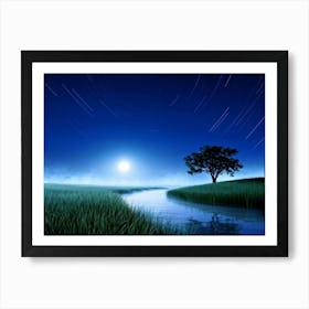 Midnight In A Tranquil Meadow Moon Casting A Silver Glow Over The Undulating Grasses Stars Dotting Art Print