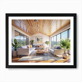 Modern Living Room With Large Windows And Plants Art Print