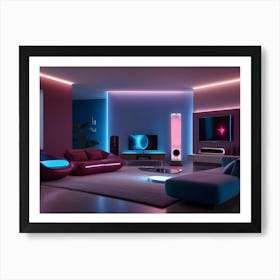 A Modern Living Room With A Blue Sofa, A Red Armchair, And A Large Television With Glowing Blue And Pink Lights Art Print