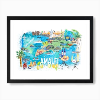 Amalfi Italy Illustrated Travel Map With Roads And Highlights Art Print