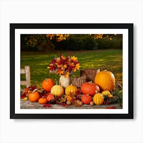 Autumnal Still Life Composition Featuring A Wooden Table Set In A Rustic Garden During The Golden Ho Art Print