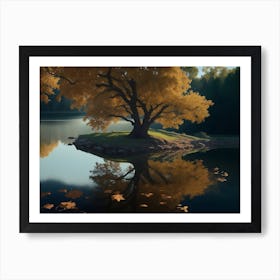 Reflection Of Oak Tree And Its Leaves On The Lakeside Art Print