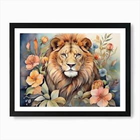 Lion Flowers Painting Art Print